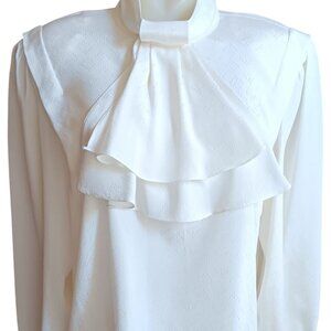 Medium 10 True Vintage Blouse White Ruffled High Neck Button Back Mom Secretary